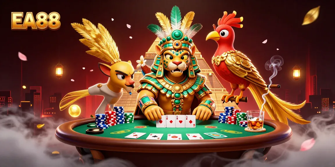 Play poker with EA88's vibrant casino scene featuring a Mayan jaguar priest and quetzal bird.