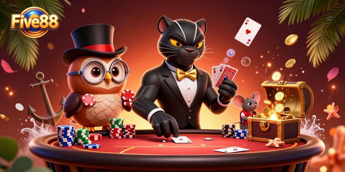 Engage in exciting poker games at Five88 with a stylish panther dealer, owl, and lucky mouse.