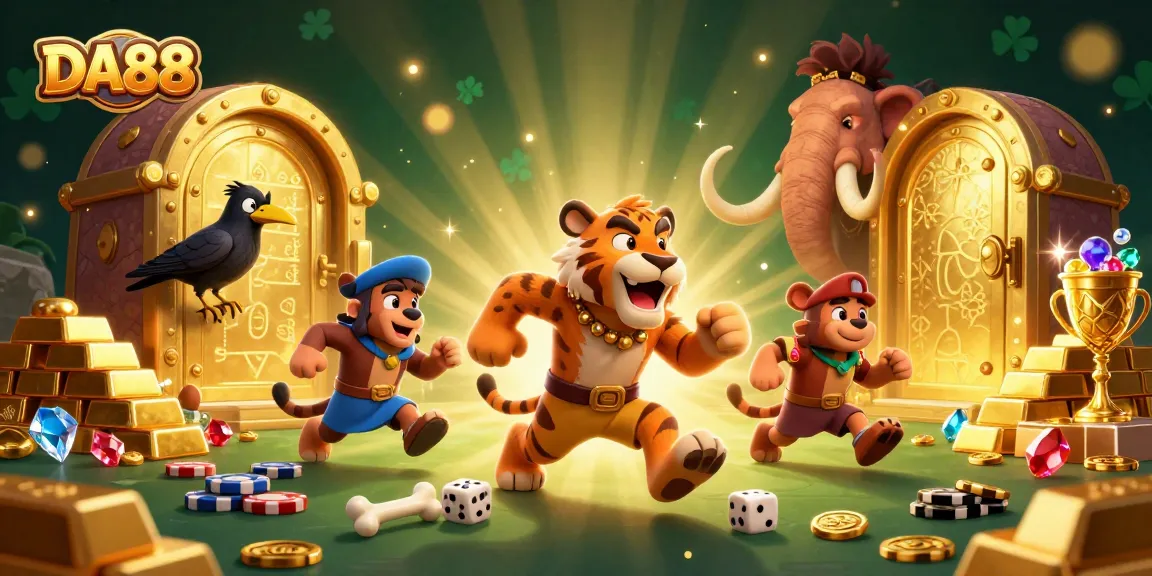Experience thrilling gameplay at the DA88 casino with caveman and sabertooth duo amid treasure.