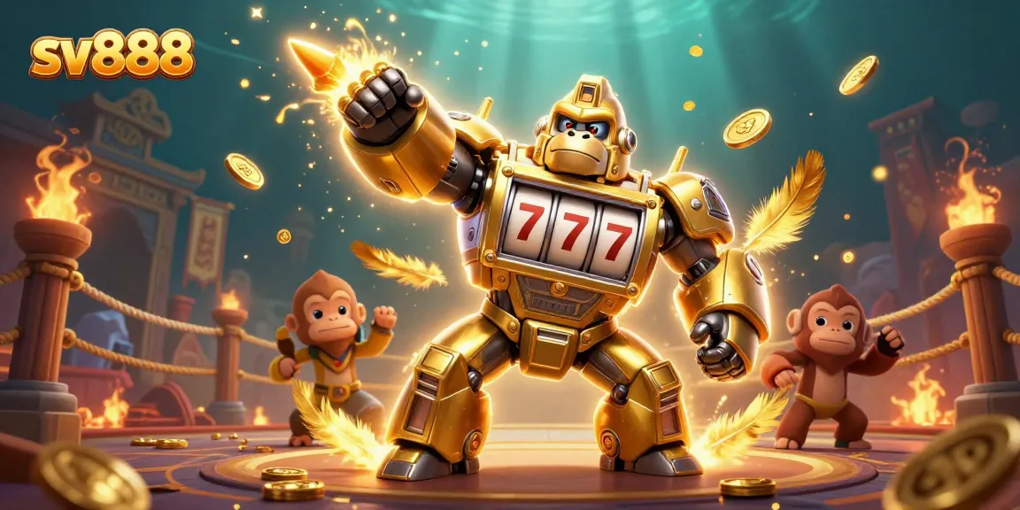 Experience thrilling gameplay at sv888 with an explosive cartoon scene of a golden gorilla mech and playful monkey pilot.