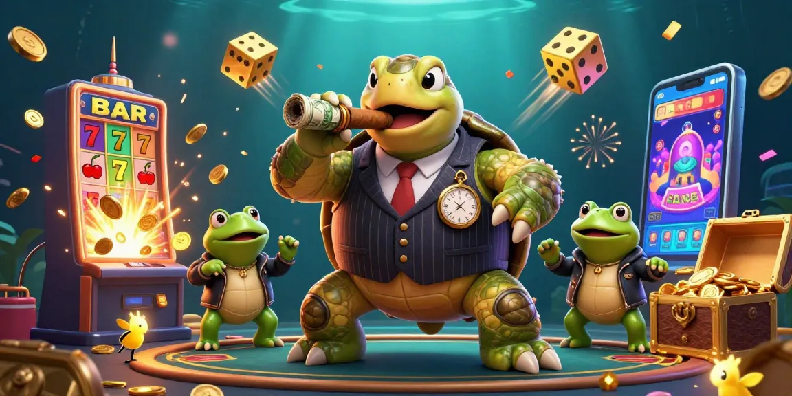 Engage with F8BET's vibrant casino scene featuring a snapping turtle mobster and bullfrog enforcers.