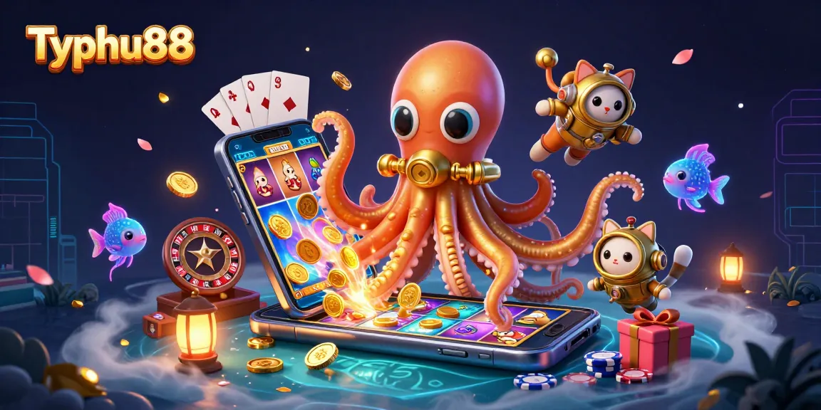Typhu88 brings excitement with a diving cat, kraken, and glowing fish amid vibrant gambling elements.