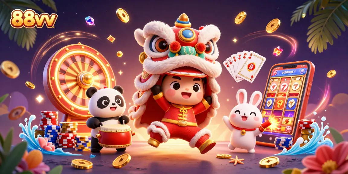Experience the excitement of 88vv with festive lion dancers amid casino elements and vibrant decorations.