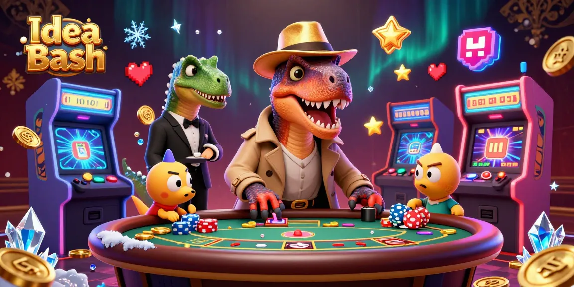 Idea Bash: A velociraptor card counter and a pit boss create a vibrant casino atmosphere.