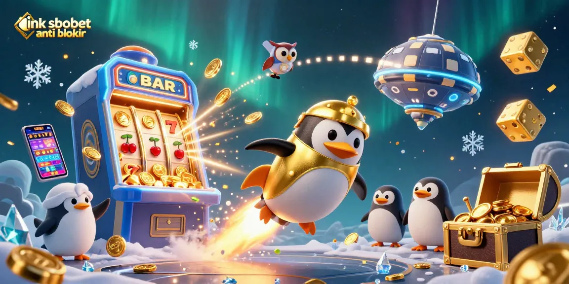 Engage with link sbobet anti blokir for casino action featuring a golden penguin and slot machines.