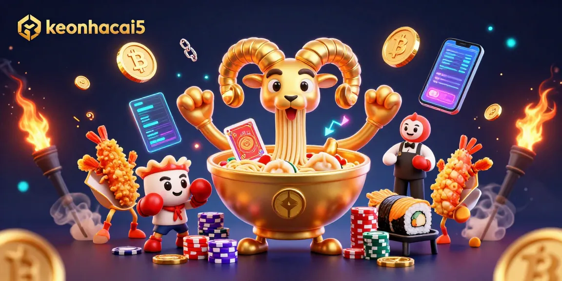 Engage in thrilling bets with keonhacai5 as a golden ramen bowl dealer manages chips and cards.